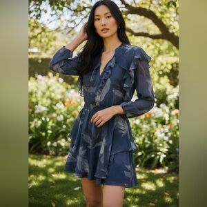 Halston Heritage Silk Ruffle Dress Blue Floral Mini Romantic Boho Size 6